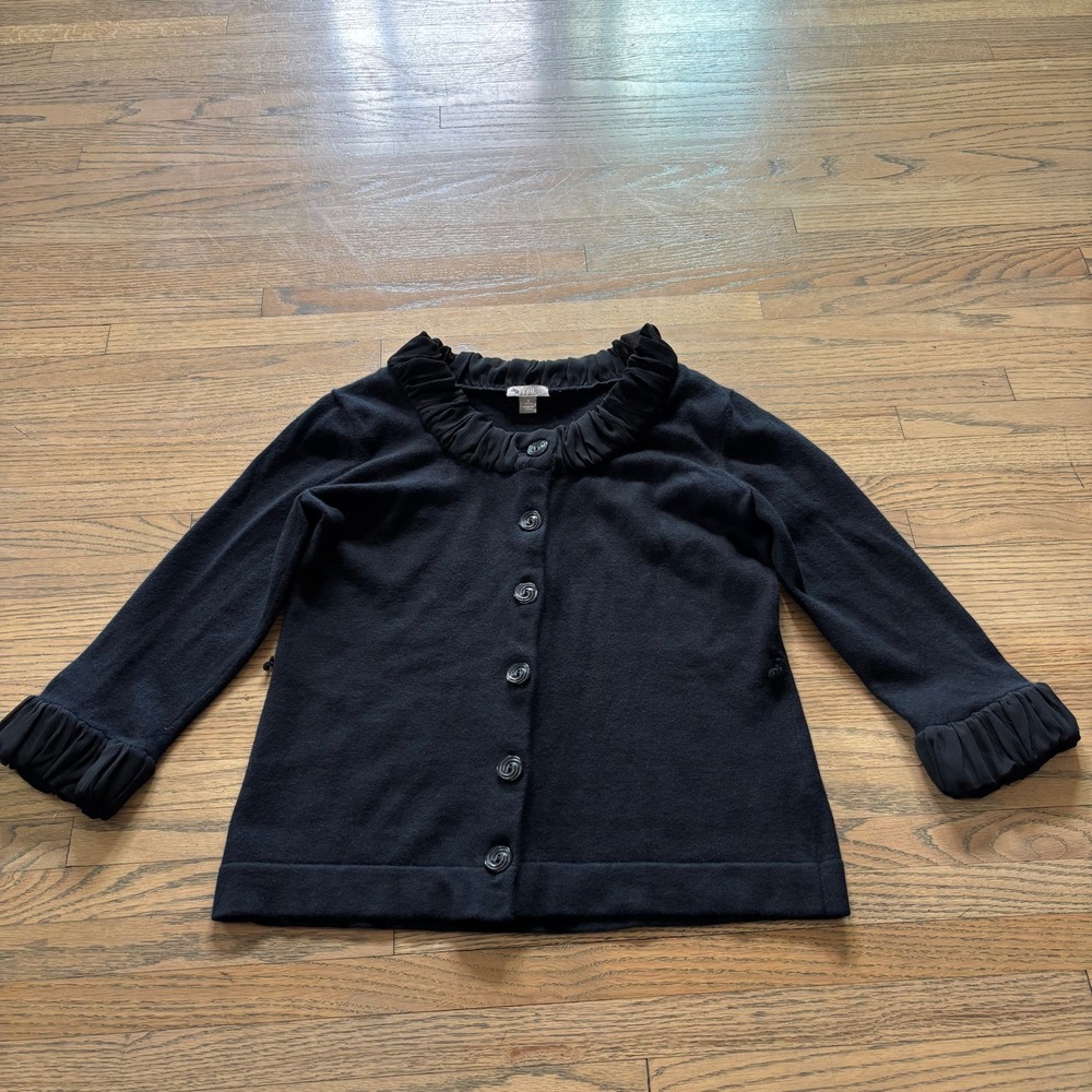 J. Jill Womens Small Petite Black Ruffle Trim Button Front Cardigan Sweater